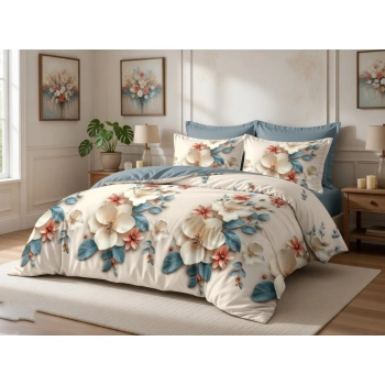 Pościel 160x200 bawełna kremowa w kwiaty- subtelna pościel PK814  z PRZEŚCIERADŁEM